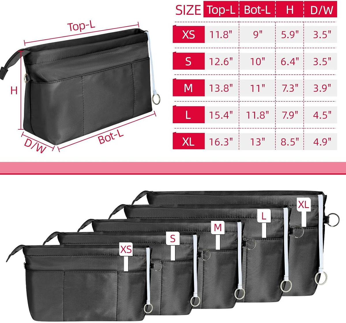 Purse Organizer Insert with Zipped Top for Tote Bag, Handbag Shaper with 13 Pockets