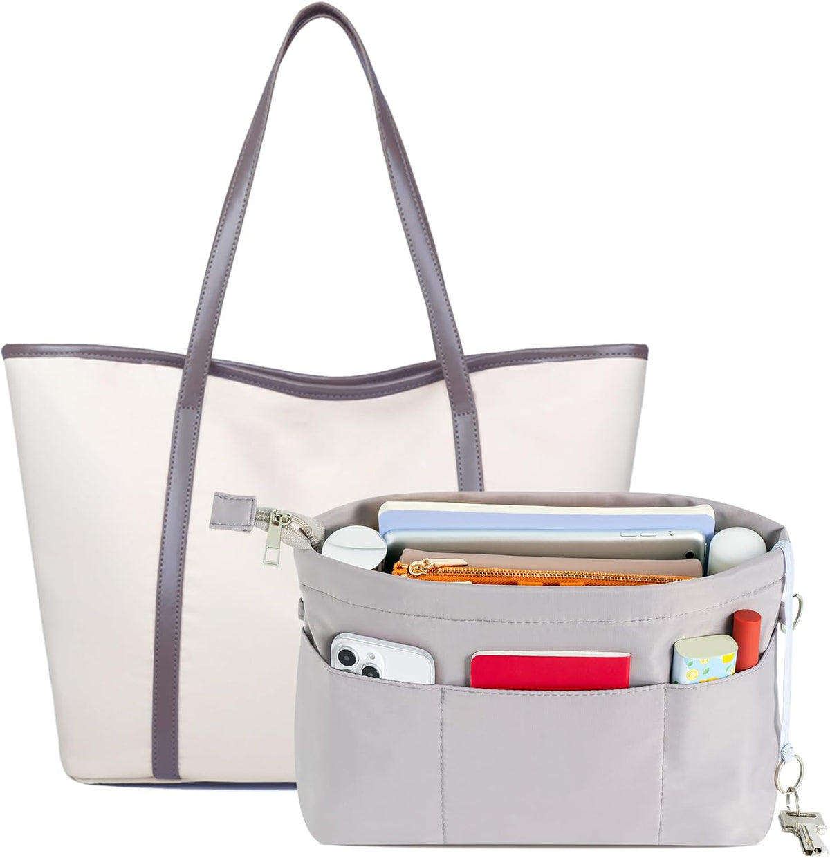 Purse Organizer Insert with Zipped Top for Tote Bag, Handbag Shaper with 13 Pockets