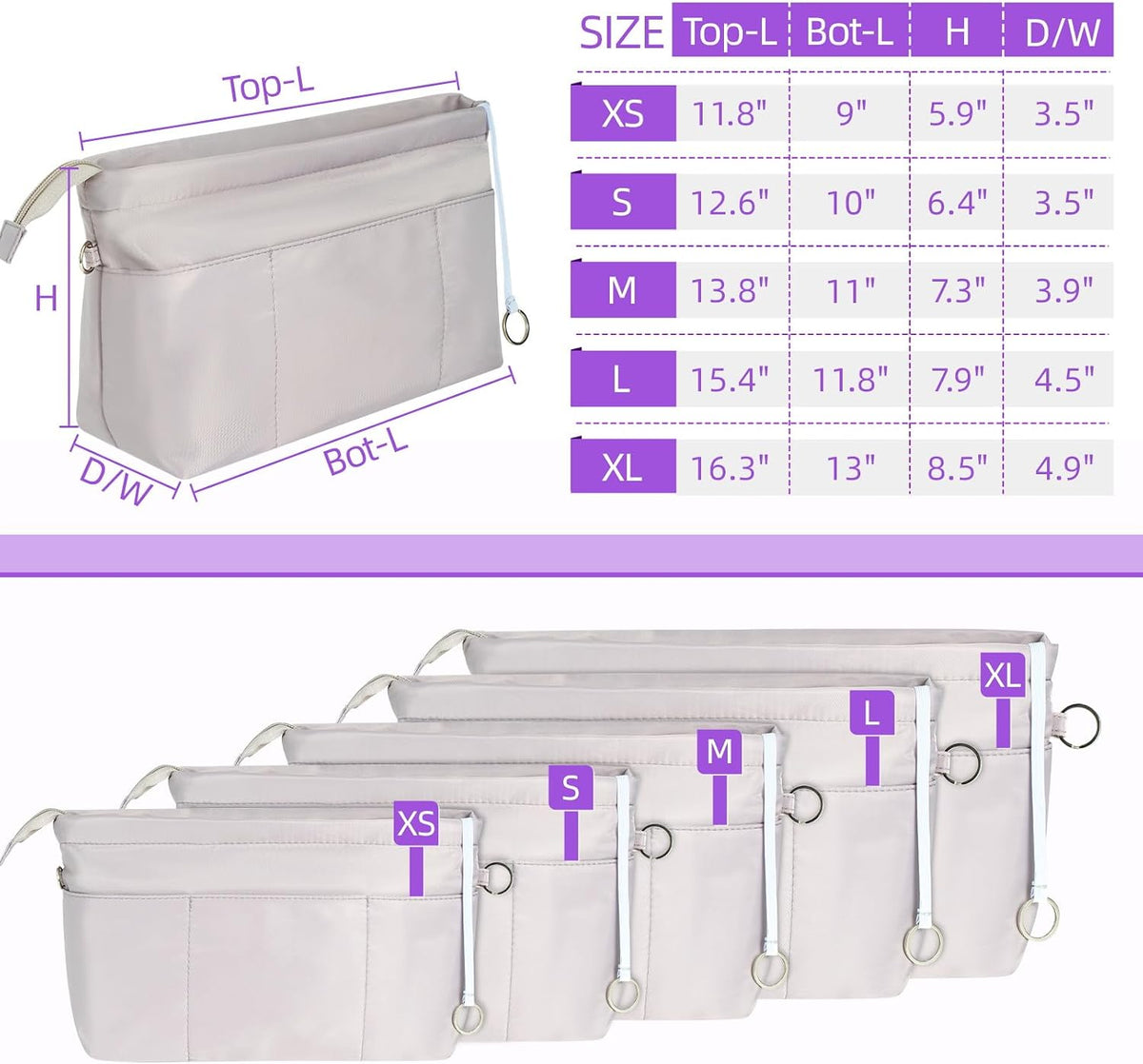 Purse Organizer Insert with Zipped Top for Tote Bag, Handbag Shaper with 13 Pockets