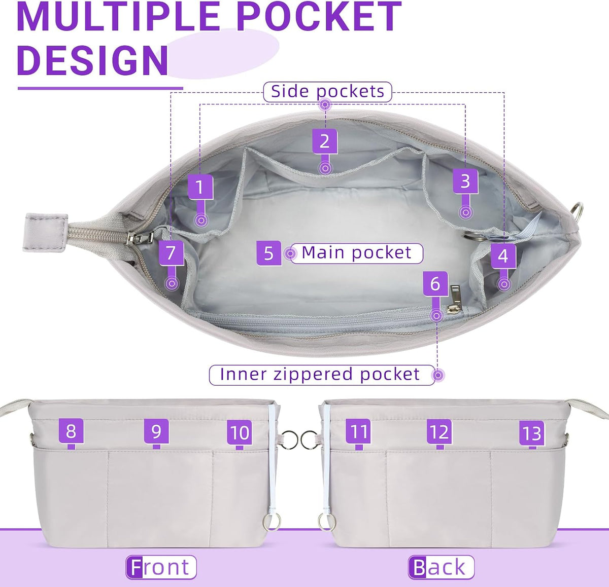 Purse Organizer Insert with Zipped Top for Tote Bag, Handbag Shaper with 13 Pockets