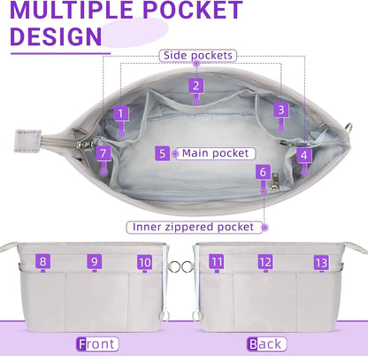 Purse Organizer Insert with Zipped Top for Tote Bag, Handbag Shaper with 13 Pockets
