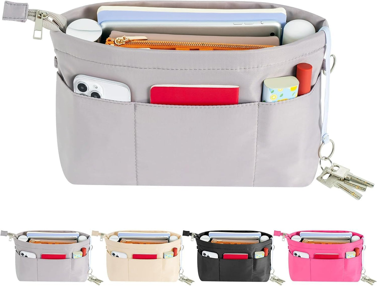 Purse Organizer Insert with Zipped Top for Tote Bag, Handbag Shaper with 13 Pockets