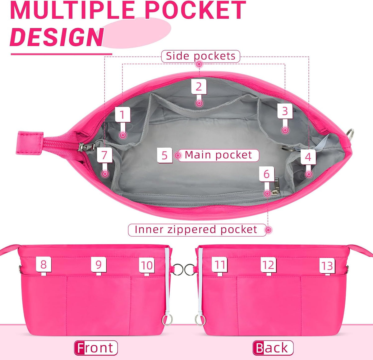 Purse Organizer Insert with Zipped Top for Tote Bag, Handbag Shaper with 13 Pockets