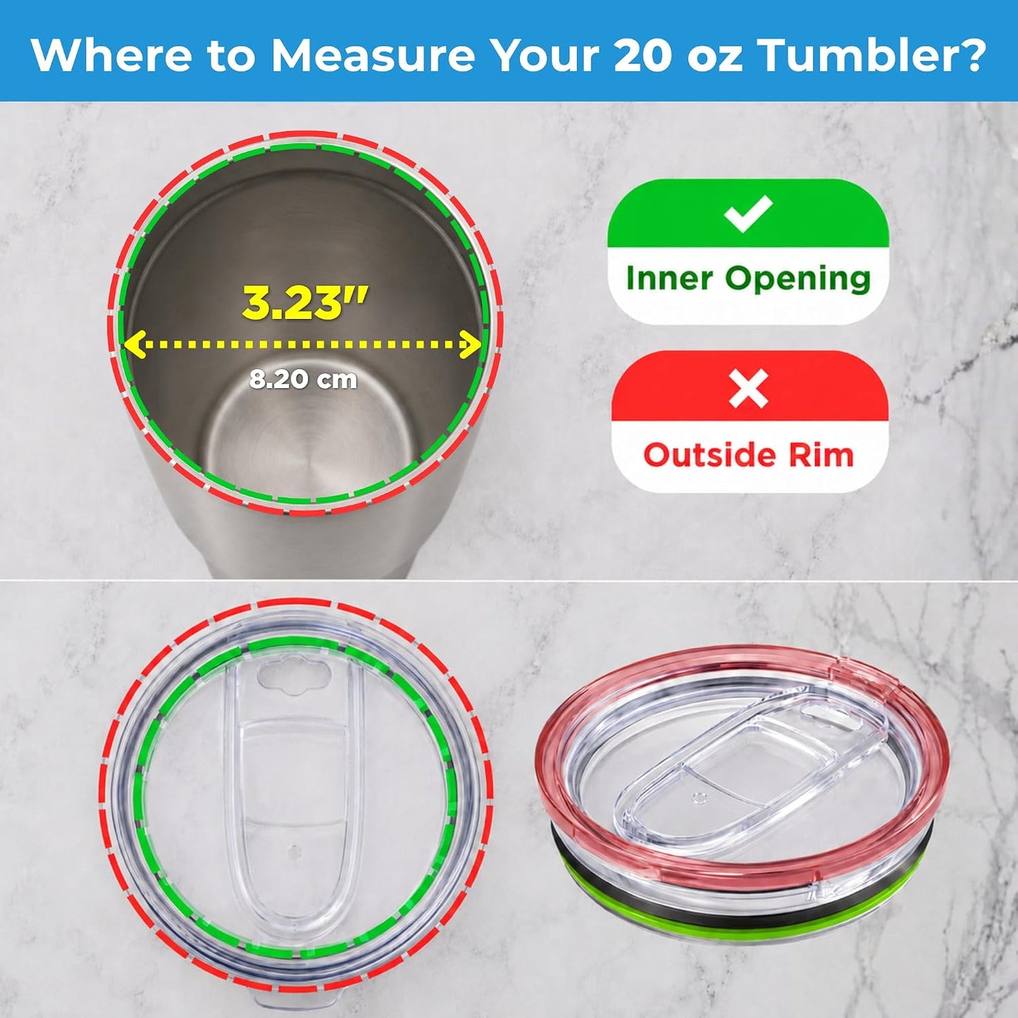 20/10 oz Tumbler Lids, 3.23" Replacement Lid with Slider, 4 pcs | Double-Ridge Rubber Gasket, Removable Slider for Easy Cleaning, Splash Resistant, Fits 20 oz Tumblers with 3.23" Inner Rim