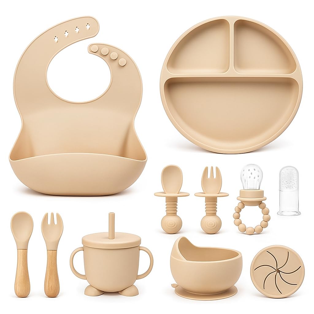 Baby Feeding Set, Silicone Suction Bowl, Spoon, Cup and Bib, BPA-Free Baby Essentials (Beige)