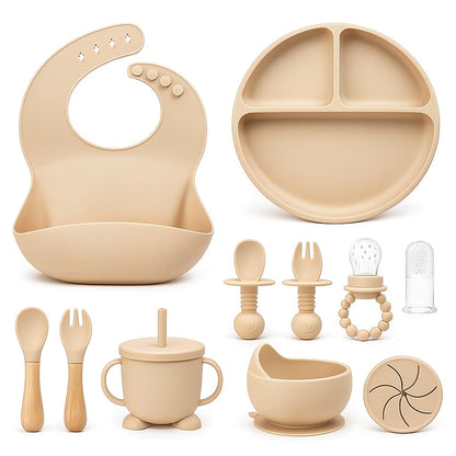 Baby Feeding Set, Silicone Suction Bowl, Spoon, Cup and Bib, BPA-Free Baby Essentials (Beige)
