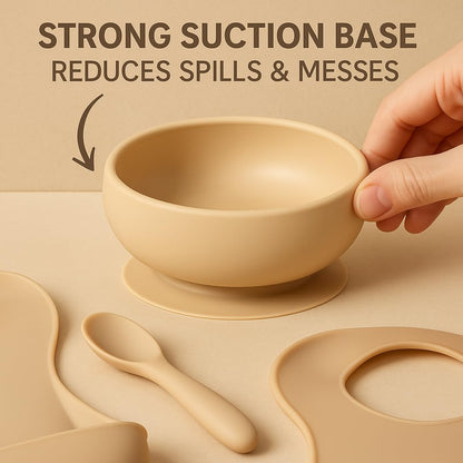 Baby Feeding Set, Silicone Suction Bowl, Spoon, Cup and Bib, BPA-Free Baby Essentials (Beige)