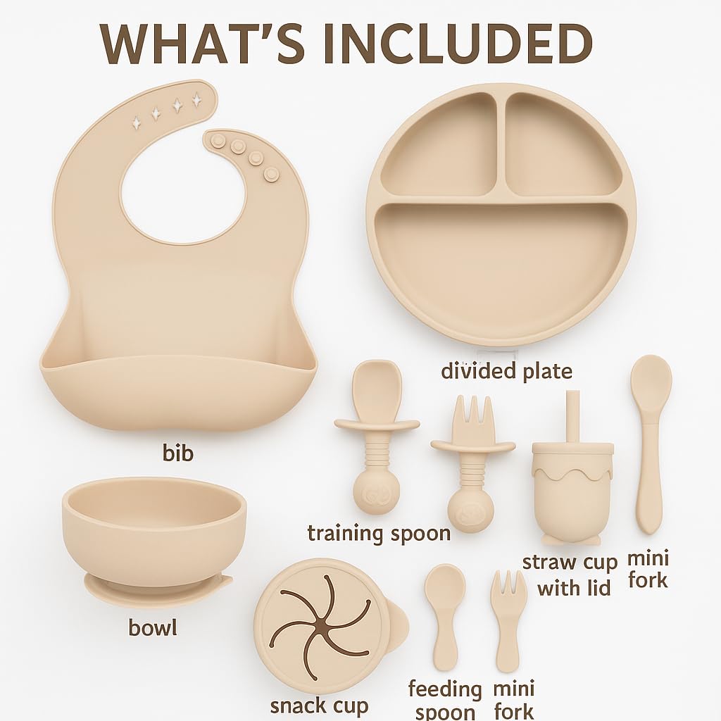Baby Feeding Set, Silicone Suction Bowl, Spoon, Cup and Bib, BPA-Free Baby Essentials (Beige)