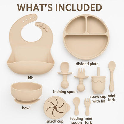 Baby Feeding Set, Silicone Suction Bowl, Spoon, Cup and Bib, BPA-Free Baby Essentials (Beige)