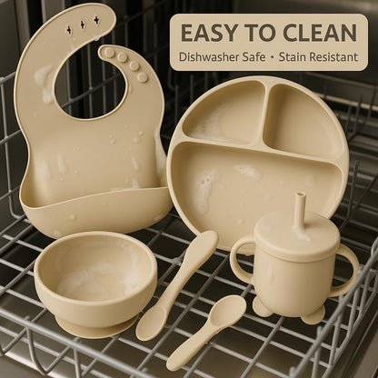 Baby Feeding Set, Silicone Suction Bowl, Spoon, Cup and Bib, BPA-Free Baby Essentials (Beige)