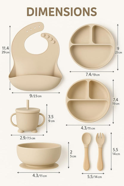 Baby Feeding Set, Silicone Suction Bowl, Spoon, Cup and Bib, BPA-Free Baby Essentials (Beige)