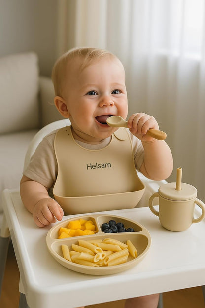 Baby Feeding Set, Silicone Suction Bowl, Spoon, Cup and Bib, BPA-Free Baby Essentials (Beige)