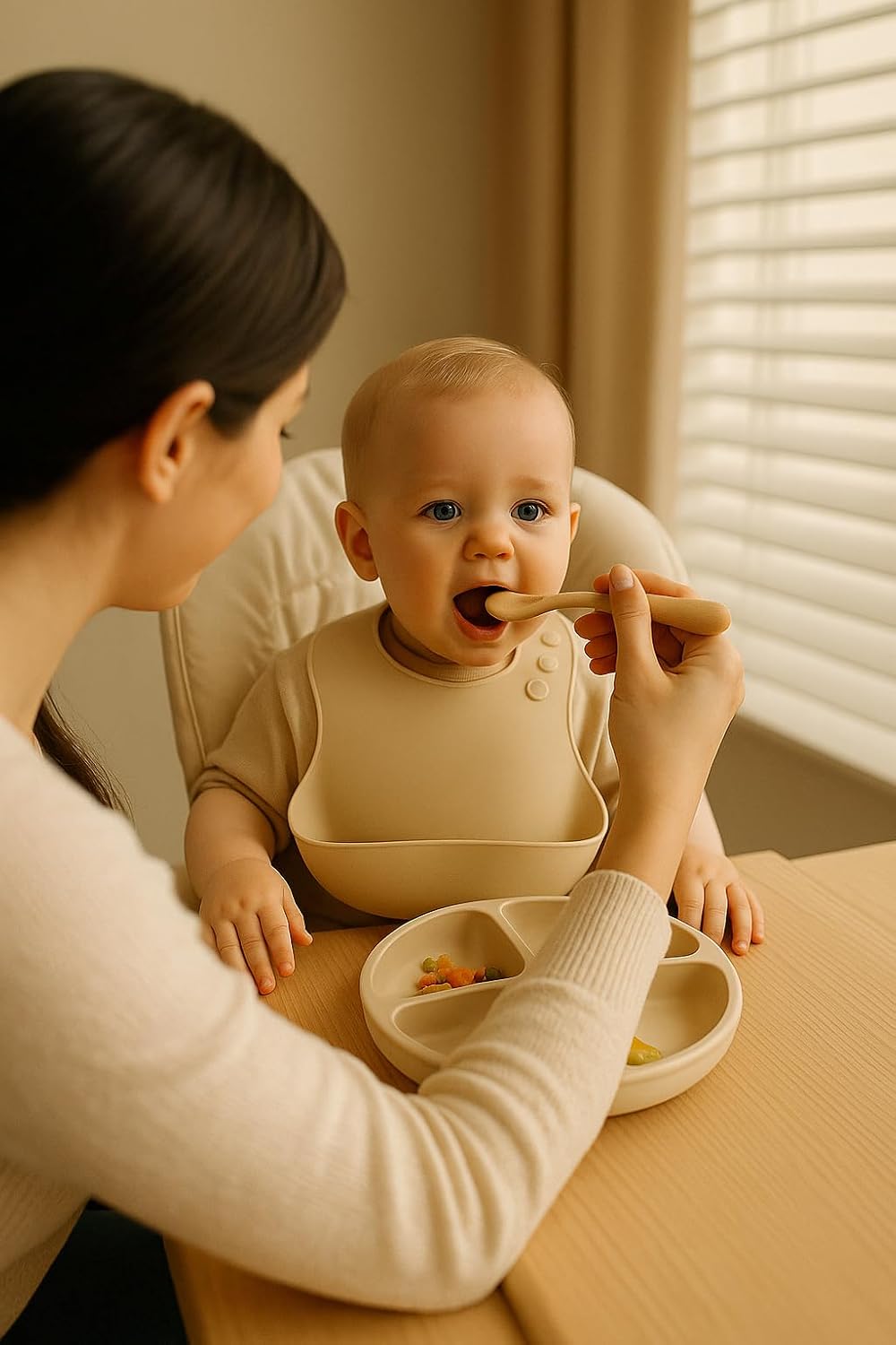 Baby Feeding Set, Silicone Suction Bowl, Spoon, Cup and Bib, BPA-Free Baby Essentials (Beige)