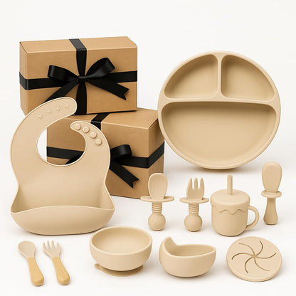 Baby Feeding Set, Silicone Suction Bowl, Spoon, Cup and Bib, BPA-Free Baby Essentials (Beige)