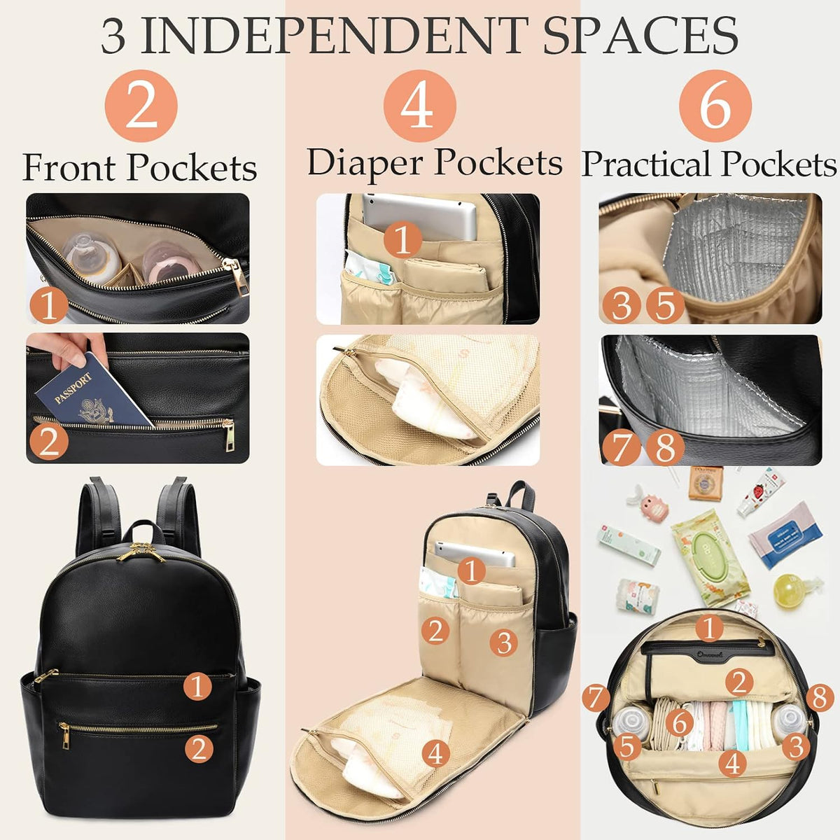 Diaper Bag Backpack Baby Diaper Bag Leather Diaper Bag Backpack Mom Dad with 18 Organizing Pouches,6 Insulated Pockets,Changing Pad,Stroller Straps, Large Capacity,Waterproof(Brown)