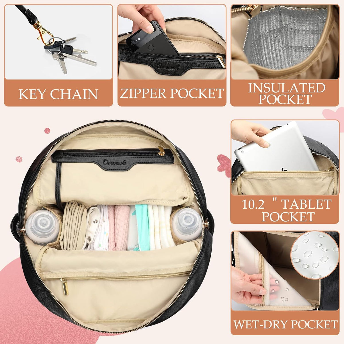 Diaper Bag Backpack Baby Diaper Bag Leather Diaper Bag Backpack Mom Dad with 18 Organizing Pouches,6 Insulated Pockets,Changing Pad,Stroller Straps, Large Capacity,Waterproof(Brown)