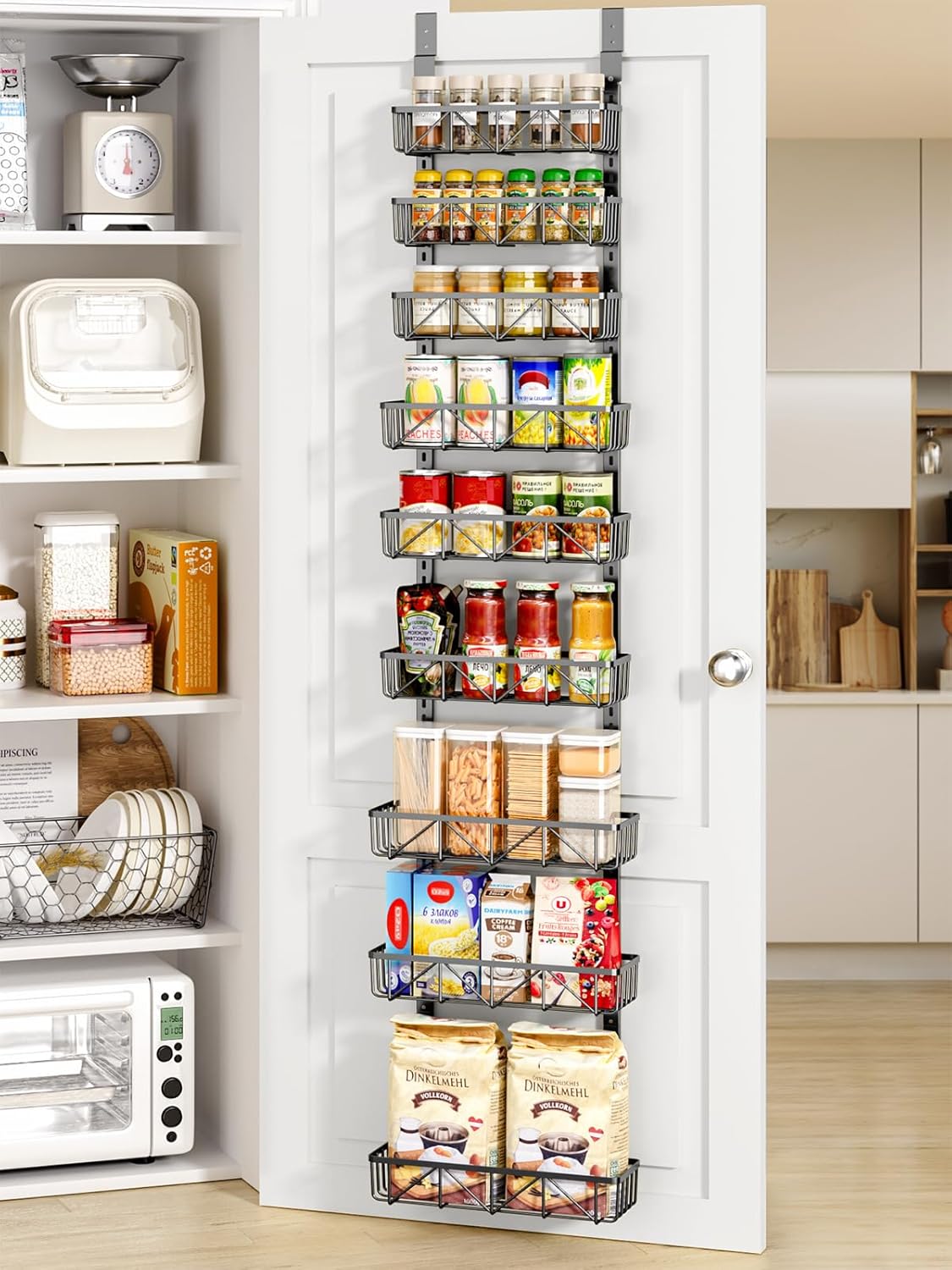 Narrow 9-Tier Over the Door Pantry Organizer, Adjustable Pantry Storage, Metal Hanging Spice Rack, Cabinet Door Organizer for Kitchen, Bathroom, Laundry Room, 12.5" White