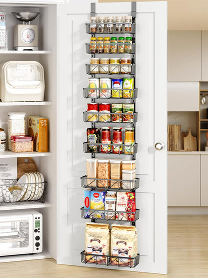 Narrow 9-Tier Over the Door Pantry Organizer, Adjustable Pantry Storage, Metal Hanging Spice Rack, Cabinet Door Organizer for Kitchen, Bathroom, Laundry Room, 12.5" White