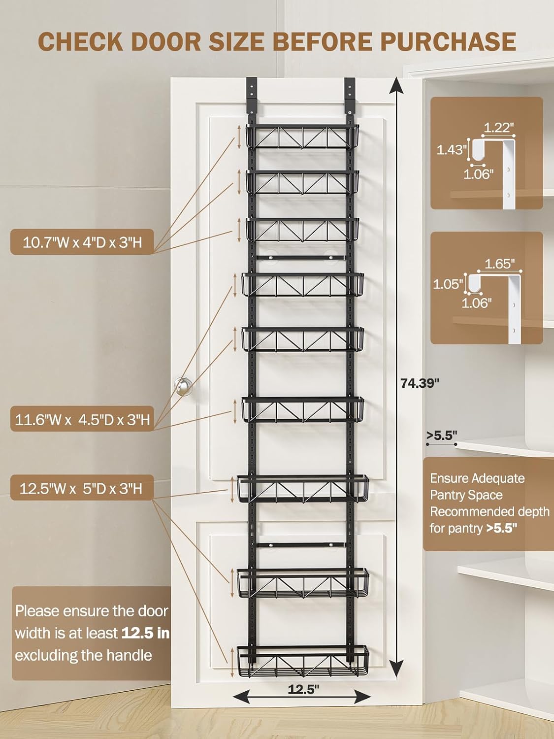 Narrow 9-Tier Over the Door Pantry Organizer, Adjustable Pantry Storage, Metal Hanging Spice Rack, Cabinet Door Organizer for Kitchen, Bathroom, Laundry Room, 12.5" White