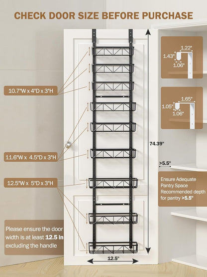 Narrow 9-Tier Over the Door Pantry Organizer, Adjustable Pantry Storage, Metal Hanging Spice Rack, Cabinet Door Organizer for Kitchen, Bathroom, Laundry Room, 12.5" White