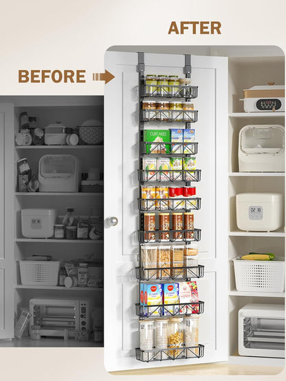 Narrow 9-Tier Over the Door Pantry Organizer, Adjustable Pantry Storage, Metal Hanging Spice Rack, Cabinet Door Organizer for Kitchen, Bathroom, Laundry Room, 12.5" White