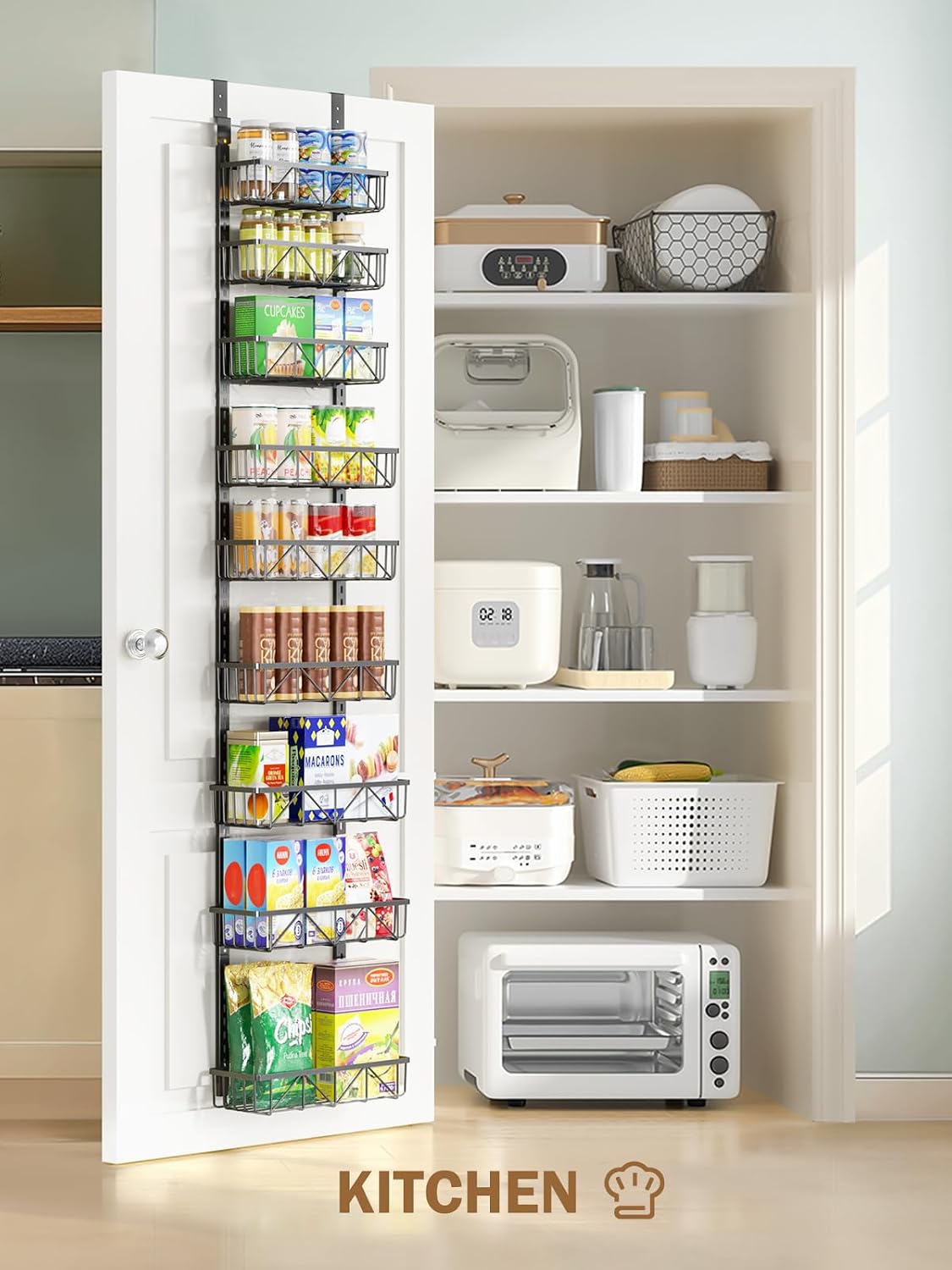 Narrow 9-Tier Over the Door Pantry Organizer, Adjustable Pantry Storage, Metal Hanging Spice Rack, Cabinet Door Organizer for Kitchen, Bathroom, Laundry Room, 12.5" White