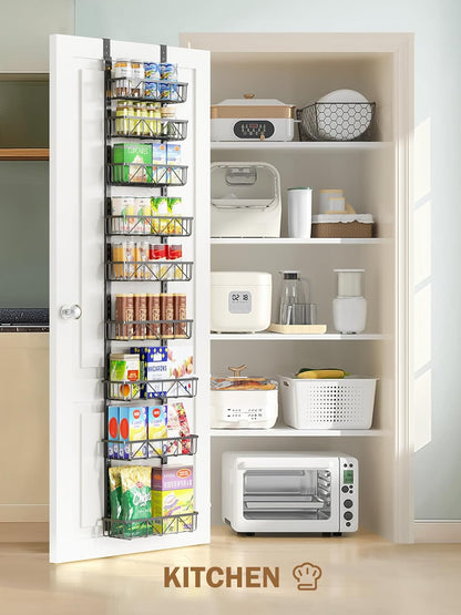 Narrow 9-Tier Over the Door Pantry Organizer, Adjustable Pantry Storage, Metal Hanging Spice Rack, Cabinet Door Organizer for Kitchen, Bathroom, Laundry Room, 12.5" White