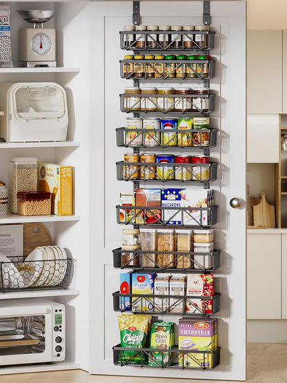 Narrow 9-Tier Over the Door Pantry Organizer, Adjustable Pantry Storage, Metal Hanging Spice Rack, Cabinet Door Organizer for Kitchen, Bathroom, Laundry Room, 12.5" White