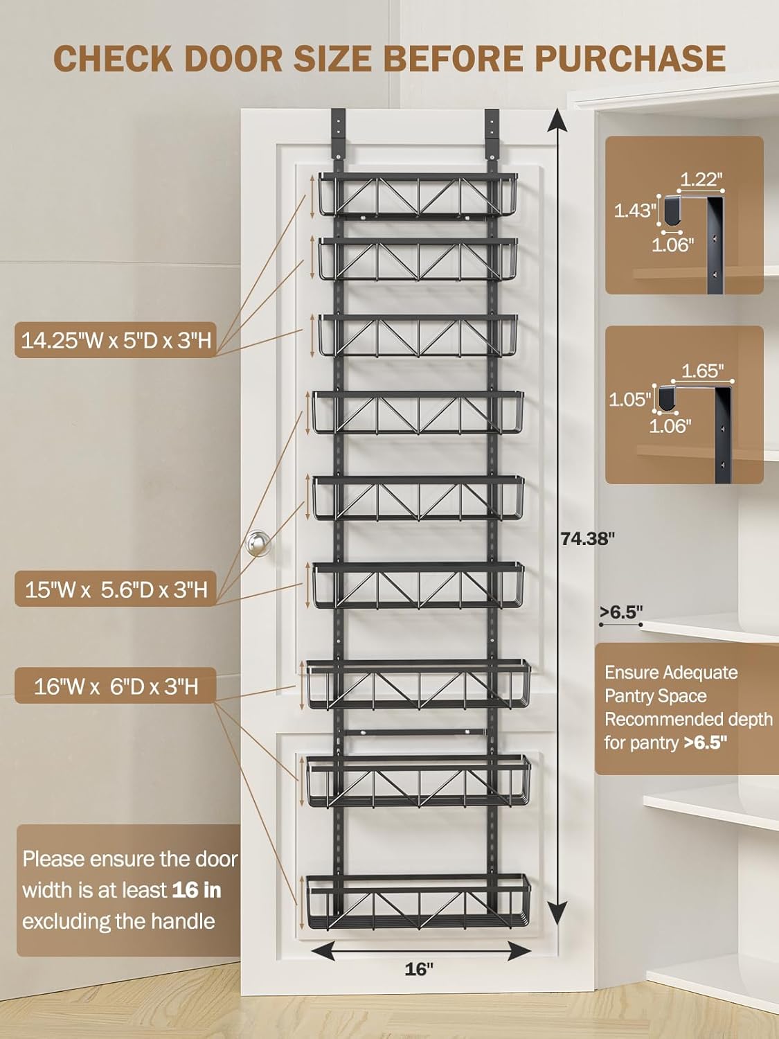 Narrow 9-Tier Over the Door Pantry Organizer, Adjustable Pantry Storage, Metal Hanging Spice Rack, Cabinet Door Organizer for Kitchen, Bathroom, Laundry Room, 12.5" White