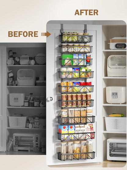 Narrow 9-Tier Over the Door Pantry Organizer, Adjustable Pantry Storage, Metal Hanging Spice Rack, Cabinet Door Organizer for Kitchen, Bathroom, Laundry Room, 12.5" White