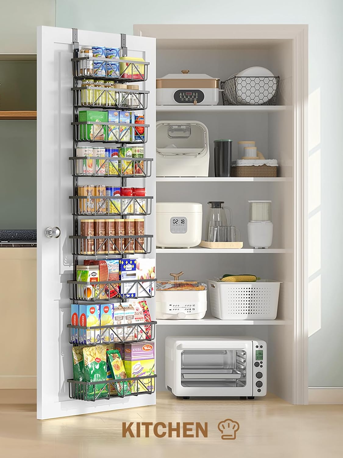 Narrow 9-Tier Over the Door Pantry Organizer, Adjustable Pantry Storage, Metal Hanging Spice Rack, Cabinet Door Organizer for Kitchen, Bathroom, Laundry Room, 12.5" White