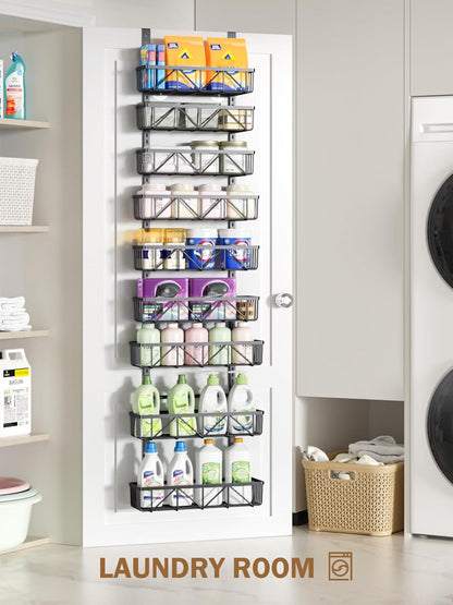 Narrow 9-Tier Over the Door Pantry Organizer, Adjustable Pantry Storage, Metal Hanging Spice Rack, Cabinet Door Organizer for Kitchen, Bathroom, Laundry Room, 12.5" White