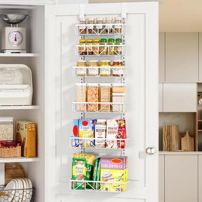Narrow 9-Tier Over the Door Pantry Organizer, Adjustable Pantry Storage, Metal Hanging Spice Rack, Cabinet Door Organizer for Kitchen, Bathroom, Laundry Room, 12.5" White