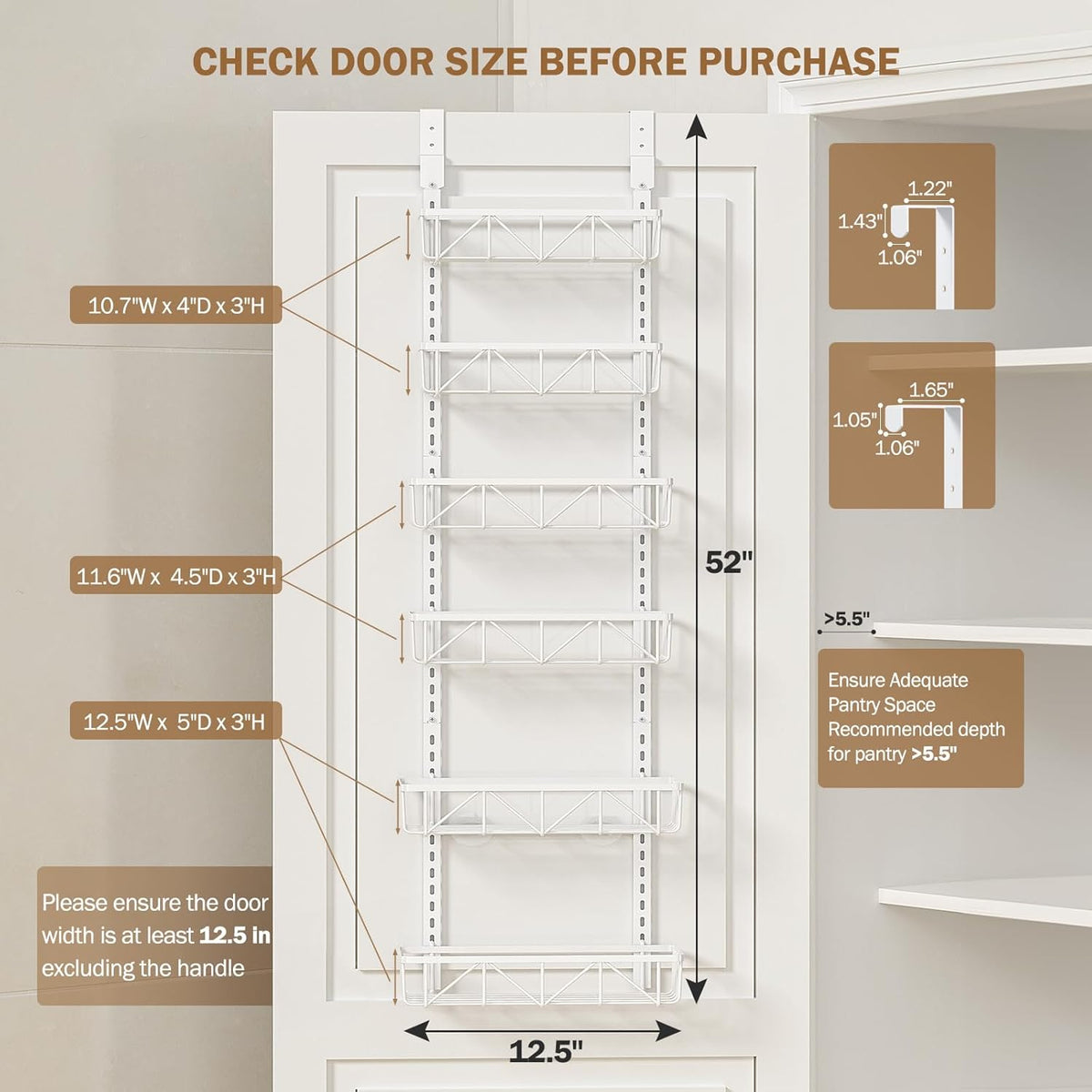 Narrow 9-Tier Over the Door Pantry Organizer, Adjustable Pantry Storage, Metal Hanging Spice Rack, Cabinet Door Organizer for Kitchen, Bathroom, Laundry Room, 12.5" White