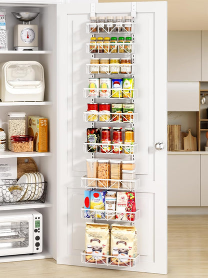 Narrow 9-Tier Over the Door Pantry Organizer, Adjustable Pantry Storage, Metal Hanging Spice Rack, Cabinet Door Organizer for Kitchen, Bathroom, Laundry Room, 12.5" White