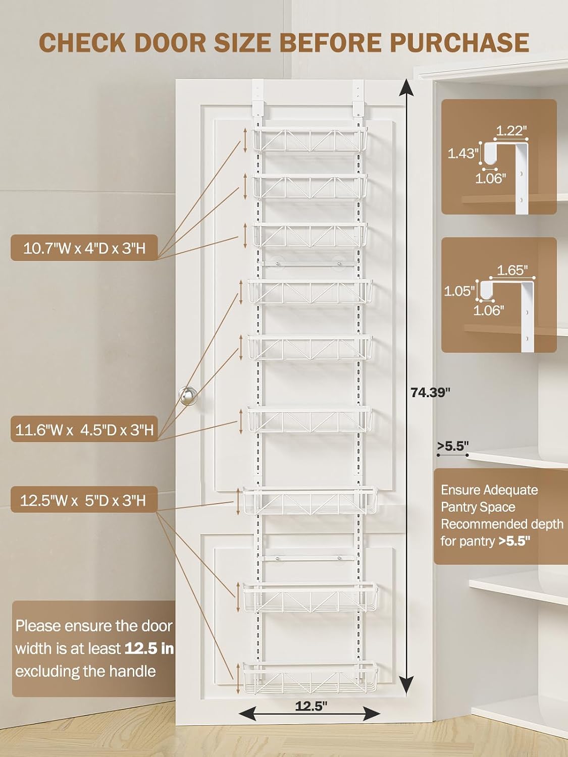 Narrow 9-Tier Over the Door Pantry Organizer, Adjustable Pantry Storage, Metal Hanging Spice Rack, Cabinet Door Organizer for Kitchen, Bathroom, Laundry Room, 12.5" White