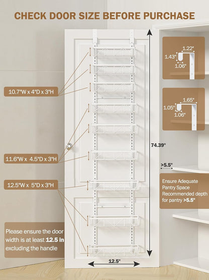 Narrow 9-Tier Over the Door Pantry Organizer, Adjustable Pantry Storage, Metal Hanging Spice Rack, Cabinet Door Organizer for Kitchen, Bathroom, Laundry Room, 12.5" White