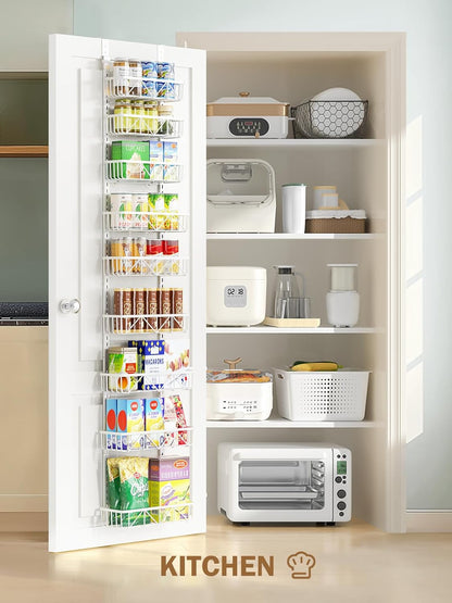 Narrow 9-Tier Over the Door Pantry Organizer, Adjustable Pantry Storage, Metal Hanging Spice Rack, Cabinet Door Organizer for Kitchen, Bathroom, Laundry Room, 12.5" White