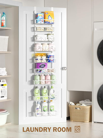 Narrow 9-Tier Over the Door Pantry Organizer, Adjustable Pantry Storage, Metal Hanging Spice Rack, Cabinet Door Organizer for Kitchen, Bathroom, Laundry Room, 12.5" White