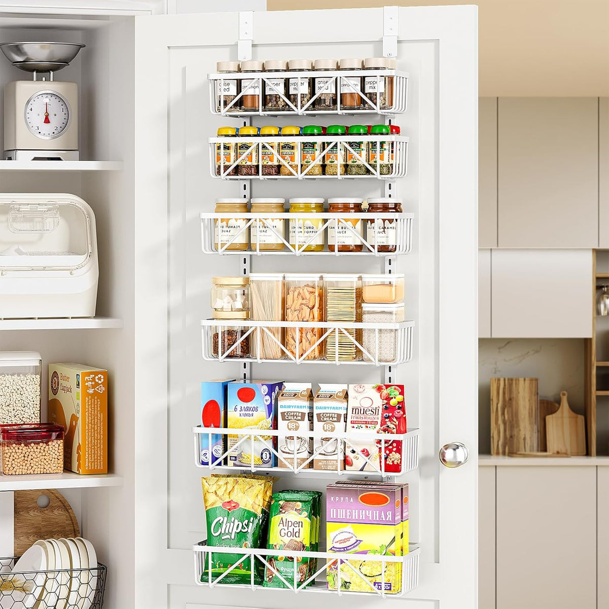 Narrow 9-Tier Over the Door Pantry Organizer, Adjustable Pantry Storage, Metal Hanging Spice Rack, Cabinet Door Organizer for Kitchen, Bathroom, Laundry Room, 12.5" White