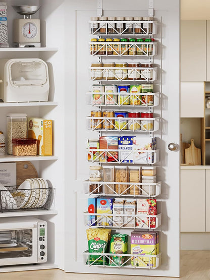 Narrow 9-Tier Over the Door Pantry Organizer, Adjustable Pantry Storage, Metal Hanging Spice Rack, Cabinet Door Organizer for Kitchen, Bathroom, Laundry Room, 12.5" White