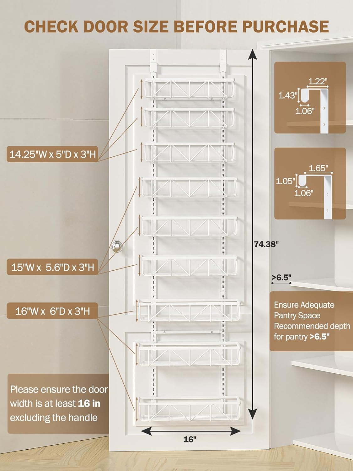 Narrow 9-Tier Over the Door Pantry Organizer, Adjustable Pantry Storage, Metal Hanging Spice Rack, Cabinet Door Organizer for Kitchen, Bathroom, Laundry Room, 12.5" White
