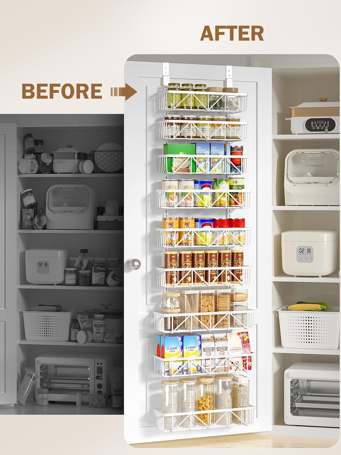 Narrow 9-Tier Over the Door Pantry Organizer, Adjustable Pantry Storage, Metal Hanging Spice Rack, Cabinet Door Organizer for Kitchen, Bathroom, Laundry Room, 12.5" White