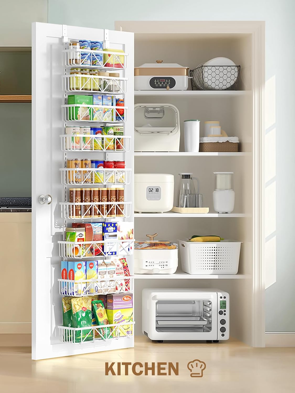Narrow 9-Tier Over the Door Pantry Organizer, Adjustable Pantry Storage, Metal Hanging Spice Rack, Cabinet Door Organizer for Kitchen, Bathroom, Laundry Room, 12.5" White