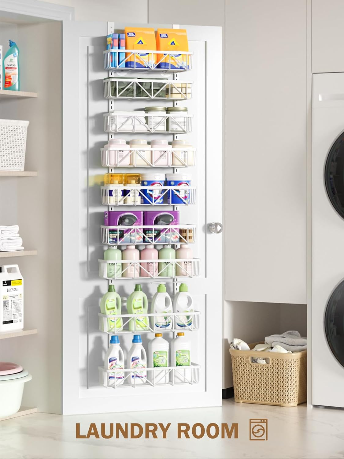 Narrow 9-Tier Over the Door Pantry Organizer, Adjustable Pantry Storage, Metal Hanging Spice Rack, Cabinet Door Organizer for Kitchen, Bathroom, Laundry Room, 12.5" White