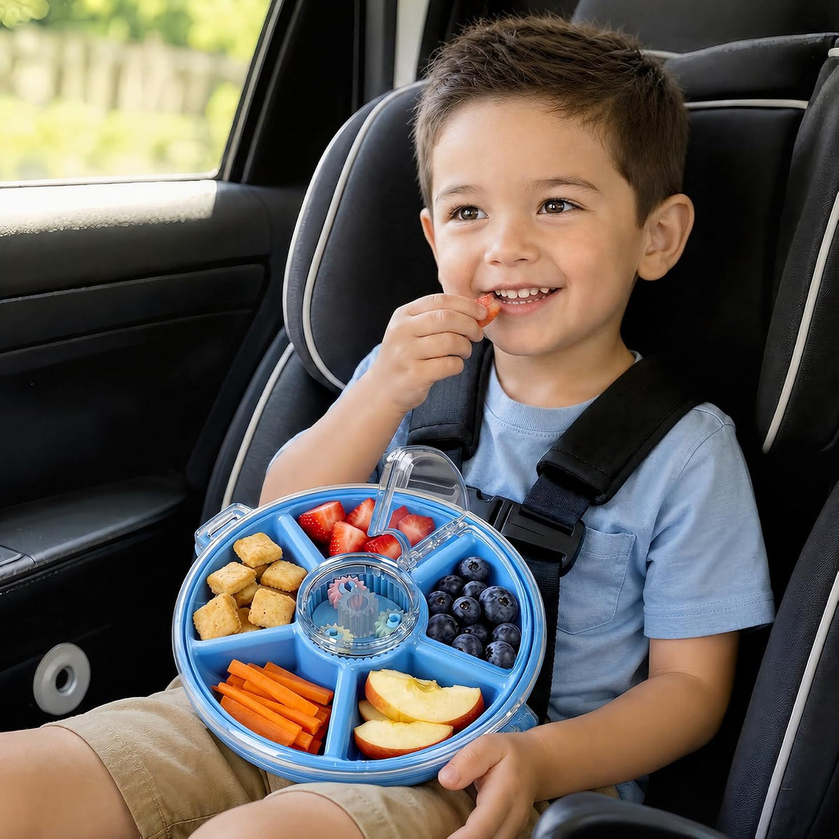 Kids Divided Snack Box with Hand Strap, Reusable 5-Compartment Kids Snack Container, BPA-Free Portable Candy & Nut Serving Platter for Travel, Parties, Picnics (Pink)