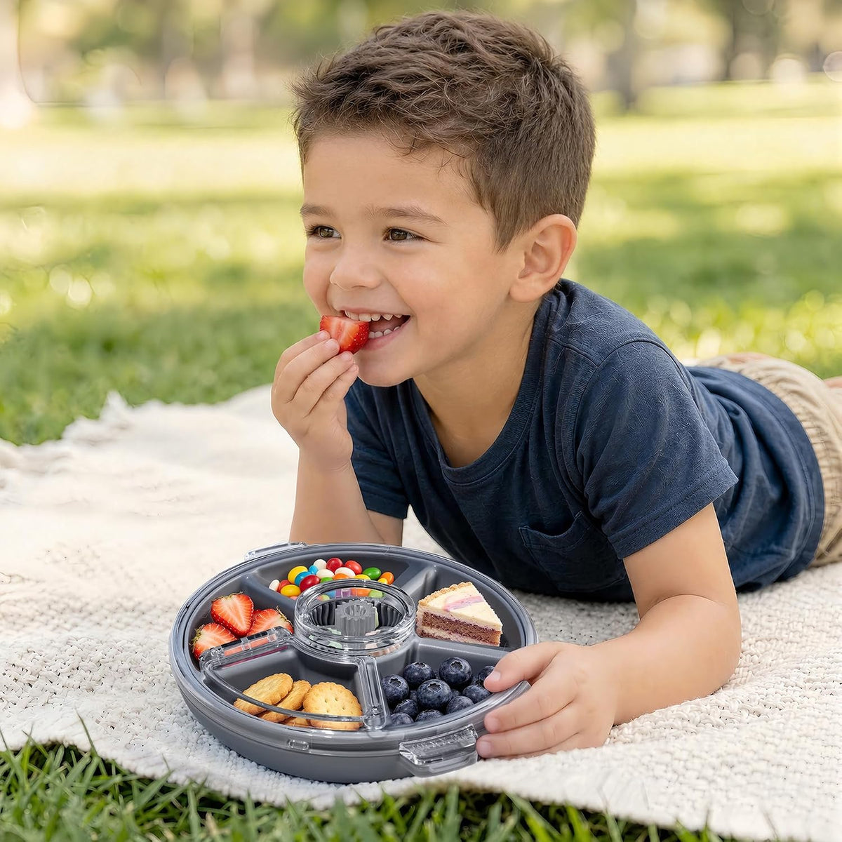 Kids Divided Snack Box with Hand Strap, Reusable 5-Compartment Kids Snack Container, BPA-Free Portable Candy & Nut Serving Platter for Travel, Parties, Picnics (Pink)