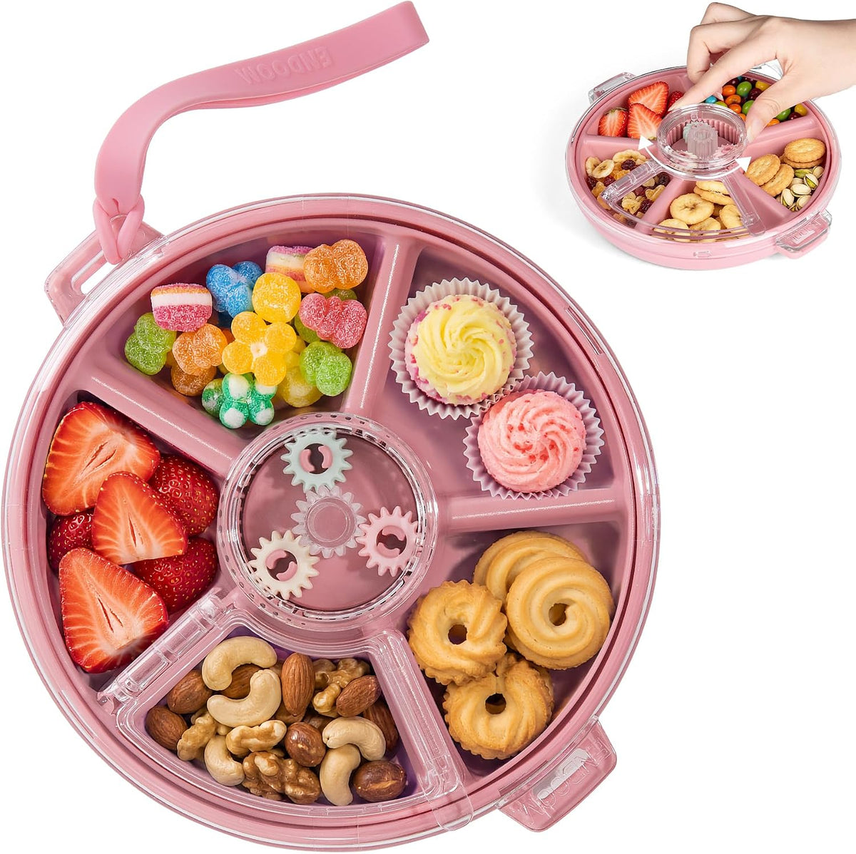 Kids Divided Snack Box with Hand Strap, Reusable 5-Compartment Kids Snack Container, BPA-Free Portable Candy & Nut Serving Platter for Travel, Parties, Picnics (Pink)