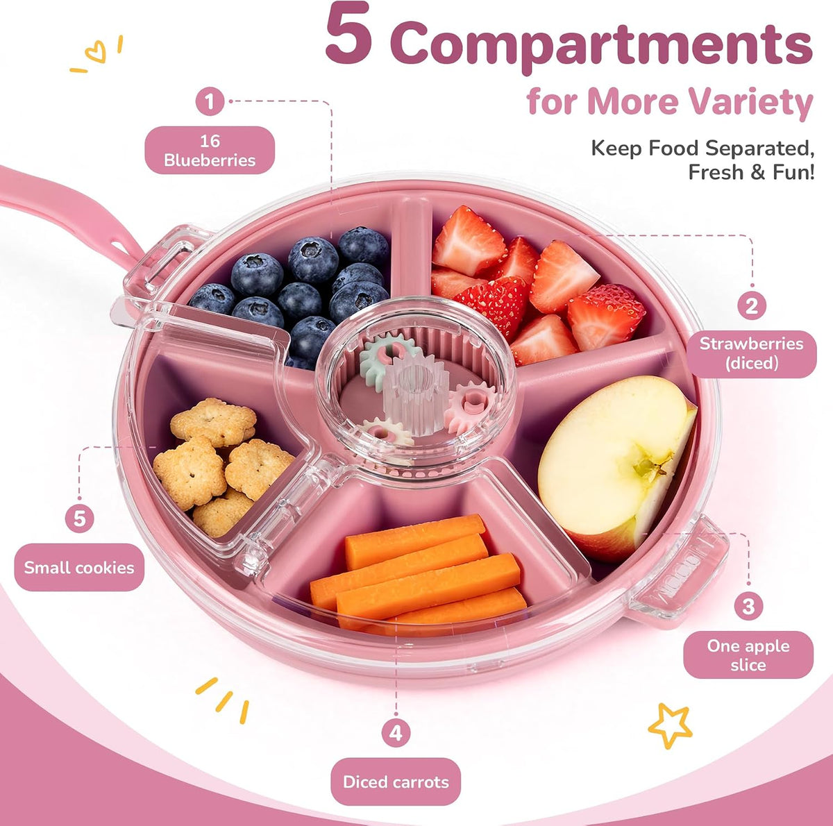 Kids Divided Snack Box with Hand Strap, Reusable 5-Compartment Kids Snack Container, BPA-Free Portable Candy & Nut Serving Platter for Travel, Parties, Picnics (Pink)