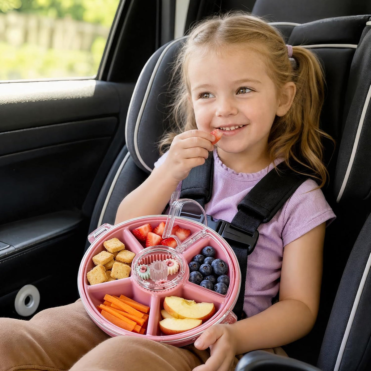 Kids Divided Snack Box with Hand Strap, Reusable 5-Compartment Kids Snack Container, BPA-Free Portable Candy & Nut Serving Platter for Travel, Parties, Picnics (Pink)